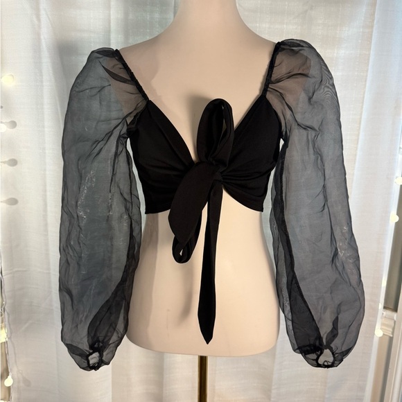Femme Luxe Black Crop Blouse with Puff Sleeves and Tie Front - Picture 1 of 7